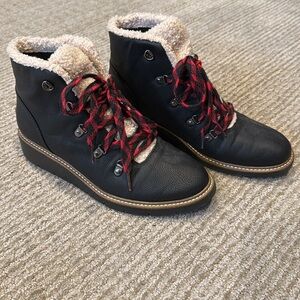 Black Faux Shearling Wedge Booties